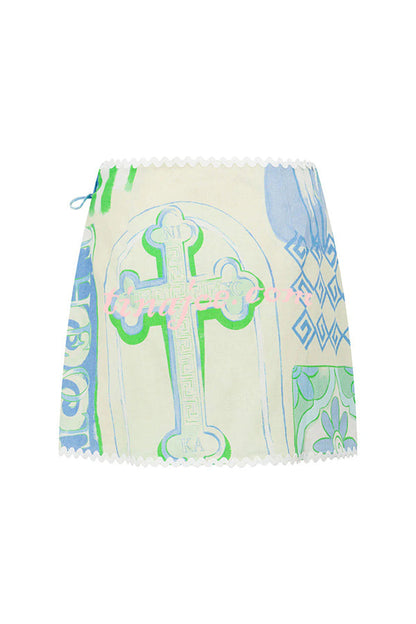Conjunto Pierre – Camisa Estampada com Saia Envelope em Linho e Amarração Lateral - Priya