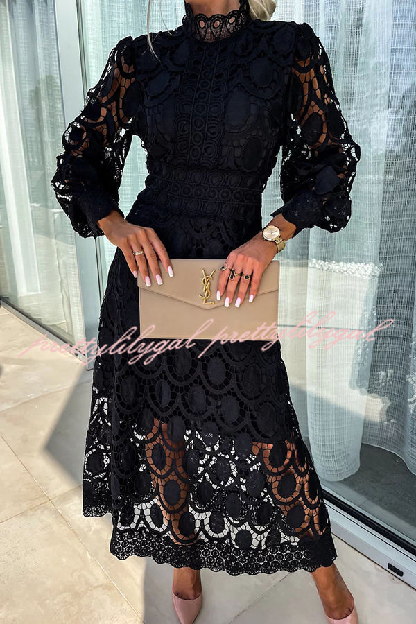 Vestido Helena – Midi de Renda de Crochê com Manga Lanterninha - Priya
