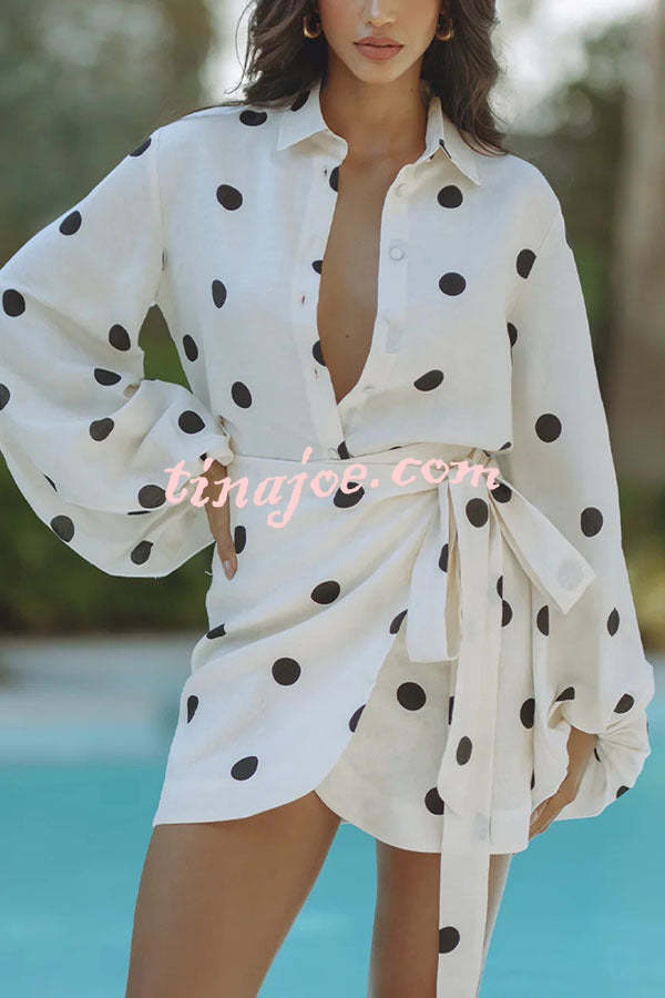 Conjunto Beatriz – Blusa de Manga Balão com Poá e Saia Mini Envelope com Amarração - Priya