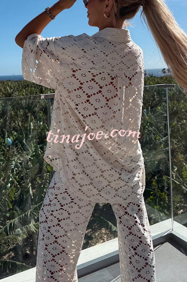 Conjunto Holiday – Camisa Rendada com Flores + Calça Pantalona com Cintura Elástica - Priya