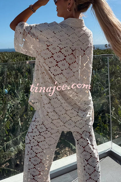 Conjunto Holiday – Camisa Rendada com Flores + Calça Pantalona com Cintura Elástica - Priya
