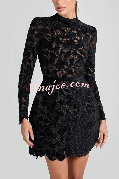 Vestido Lydia – Mini Tule com Renda Floral Bordada, Manga Longa e Cinto - Priya