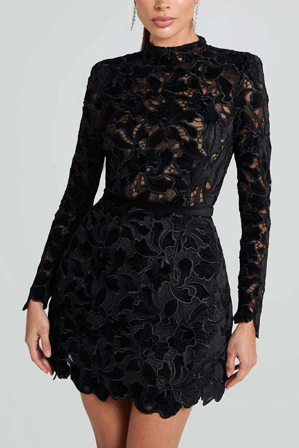 Vestido Lydia – Mini Tule com Renda Floral Bordada, Manga Longa e Cinto - Priya