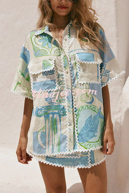 Conjunto Pierre – Camisa Estampada com Saia Envelope em Linho e Amarração Lateral - Priya