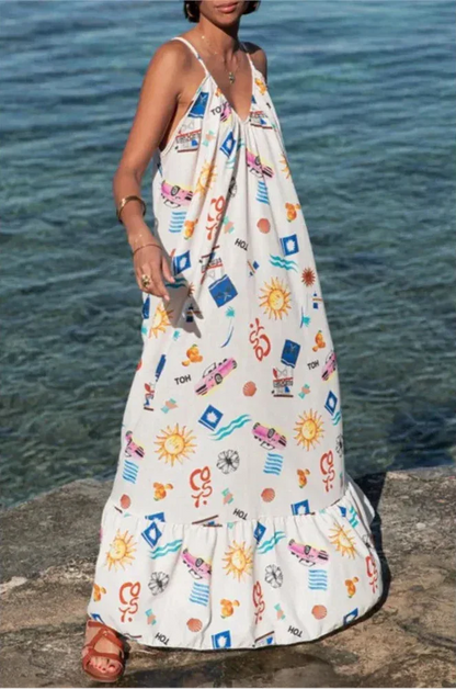 Vestido Longo Solto Marisol em Linho com Estampa Exclusiva e Modelagem Evasê - Priya