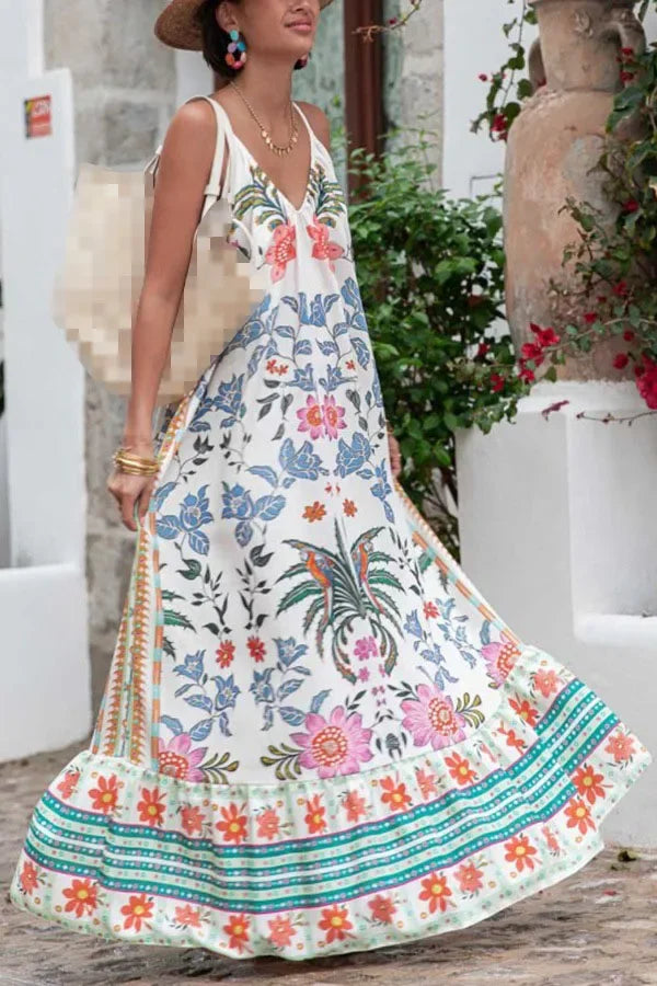 Vestido Longo Solto Marisol em Linho com Estampa Exclusiva e Modelagem Evasê - Priya