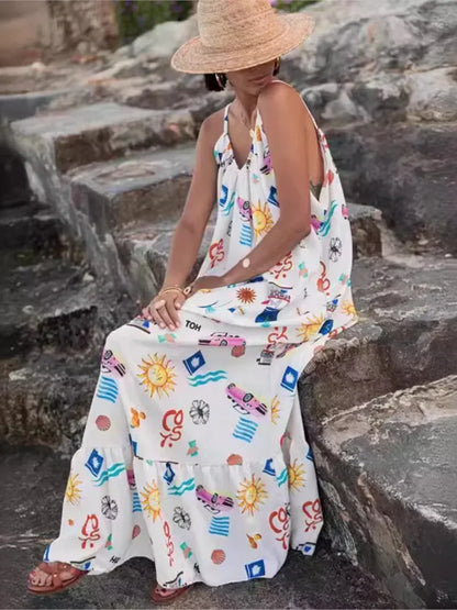 Vestido Longo Solto Marisol em Linho com Estampa Exclusiva e Modelagem Evasê - Priya