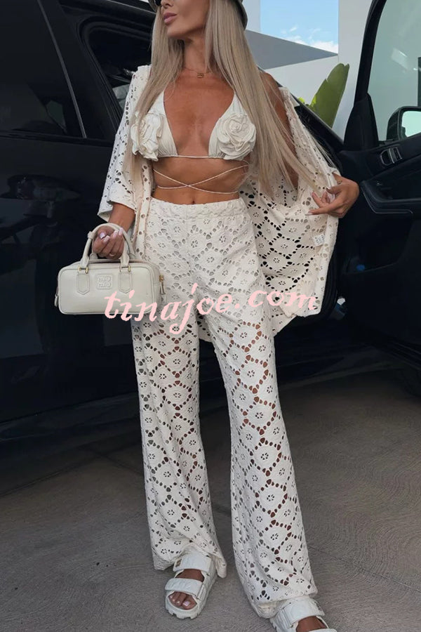 Conjunto Holiday – Camisa Rendada com Flores + Calça Pantalona com Cintura Elástica - Priya