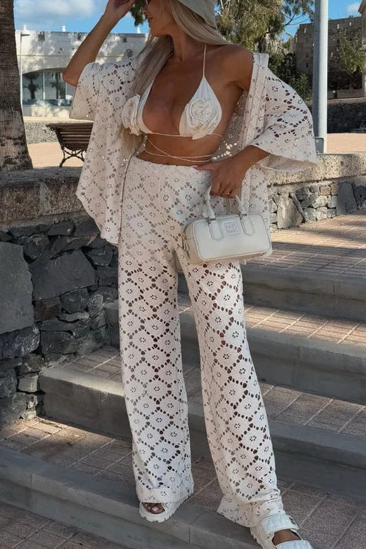 Conjunto Holiday – Camisa Rendada com Flores + Calça Pantalona com Cintura Elástica - Priya