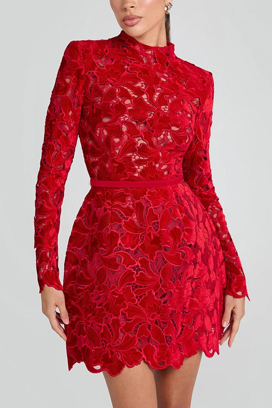 Vestido Lydia – Mini Tule com Renda Floral Bordada, Manga Longa e Cinto - Priya