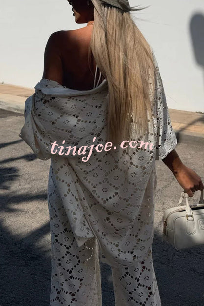 Conjunto Holiday – Camisa Rendada com Flores + Calça Pantalona com Cintura Elástica - Priya