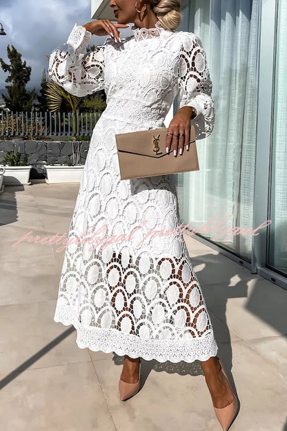 Vestido Helena – Midi de Renda de Crochê com Manga Lanterninha - Priya
